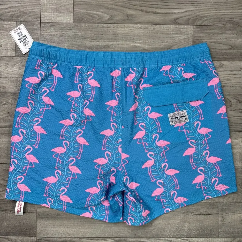 Party Pants Swim Trunks Shorts Blue Pink Flamingo Print sz XXL